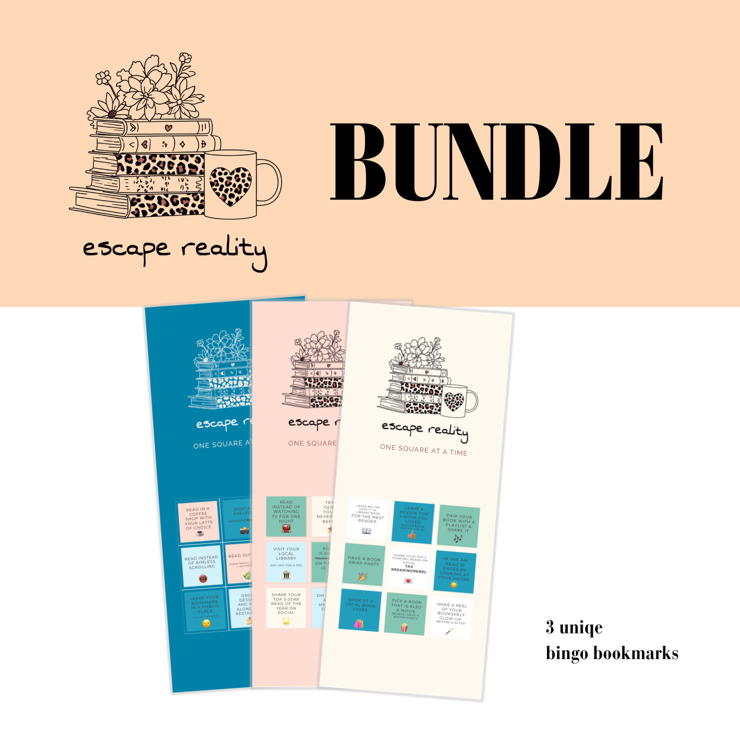 Escape Reality Bundle | Book Lover Gift Set with Tote, Mug & Printable Bingo Bookmarks | Cozy Reader Kit