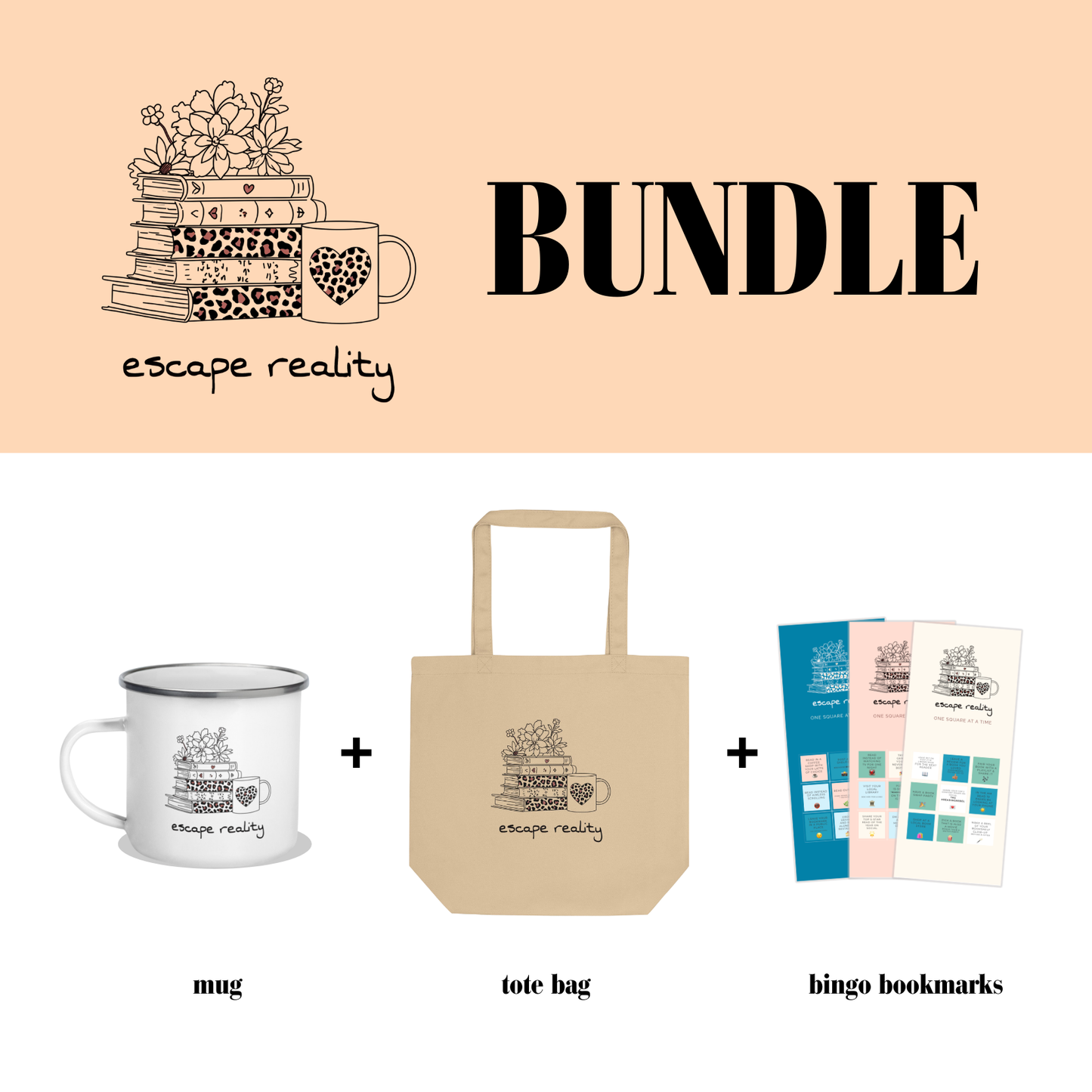 Escape Reality Bundle | Book Lover Gift Set with Tote, Mug & Printable Bingo Bookmarks | Cozy Reader Kit