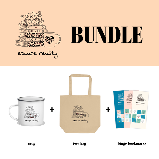 Escape Reality Bundle | Book Lover Gift Set with Tote, Mug & Printable Bingo Bookmarks | Cozy Reader Kit